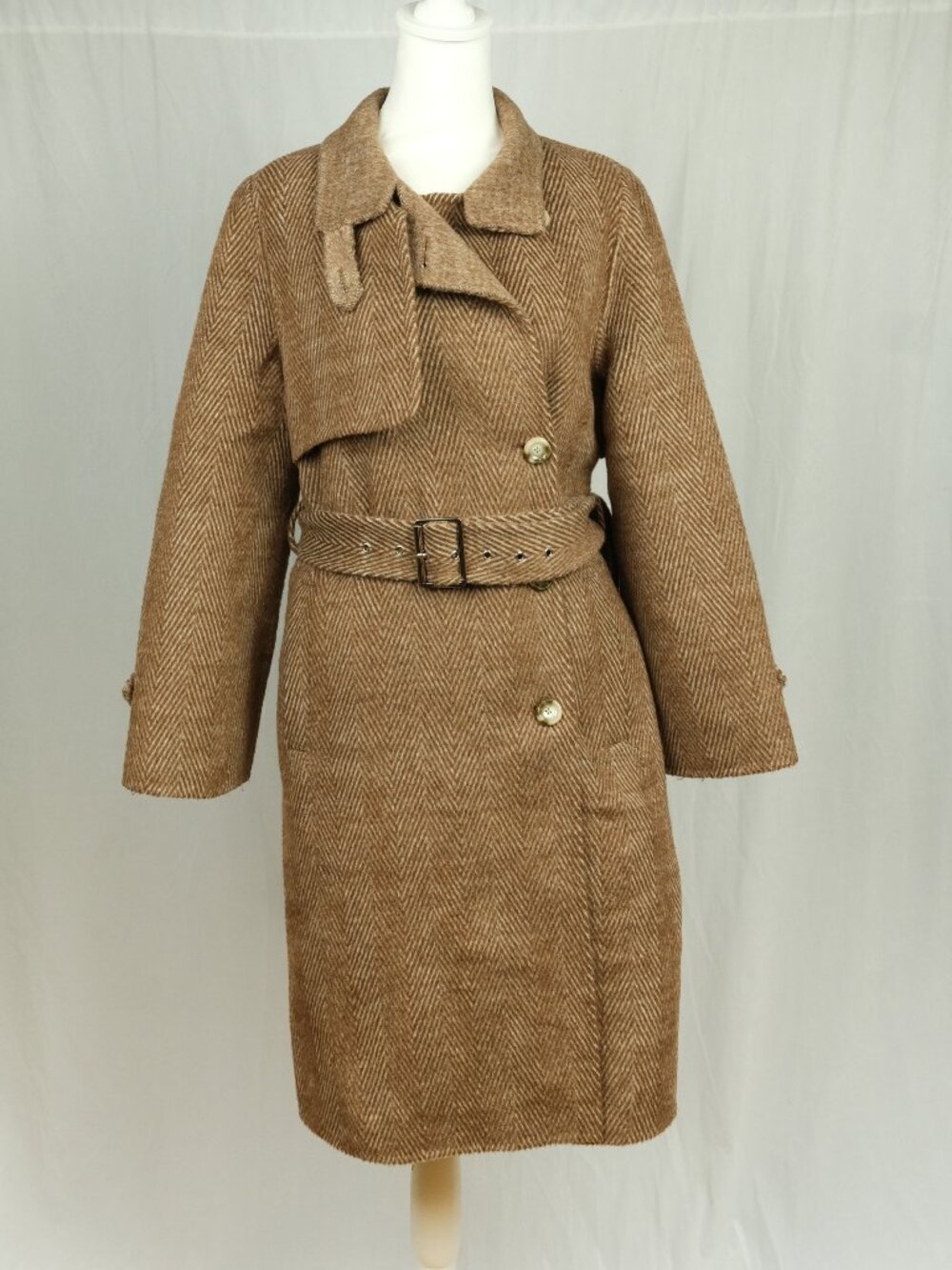 Petite Studio Double-Breasted Herringbone Trench Coat Brown Size S